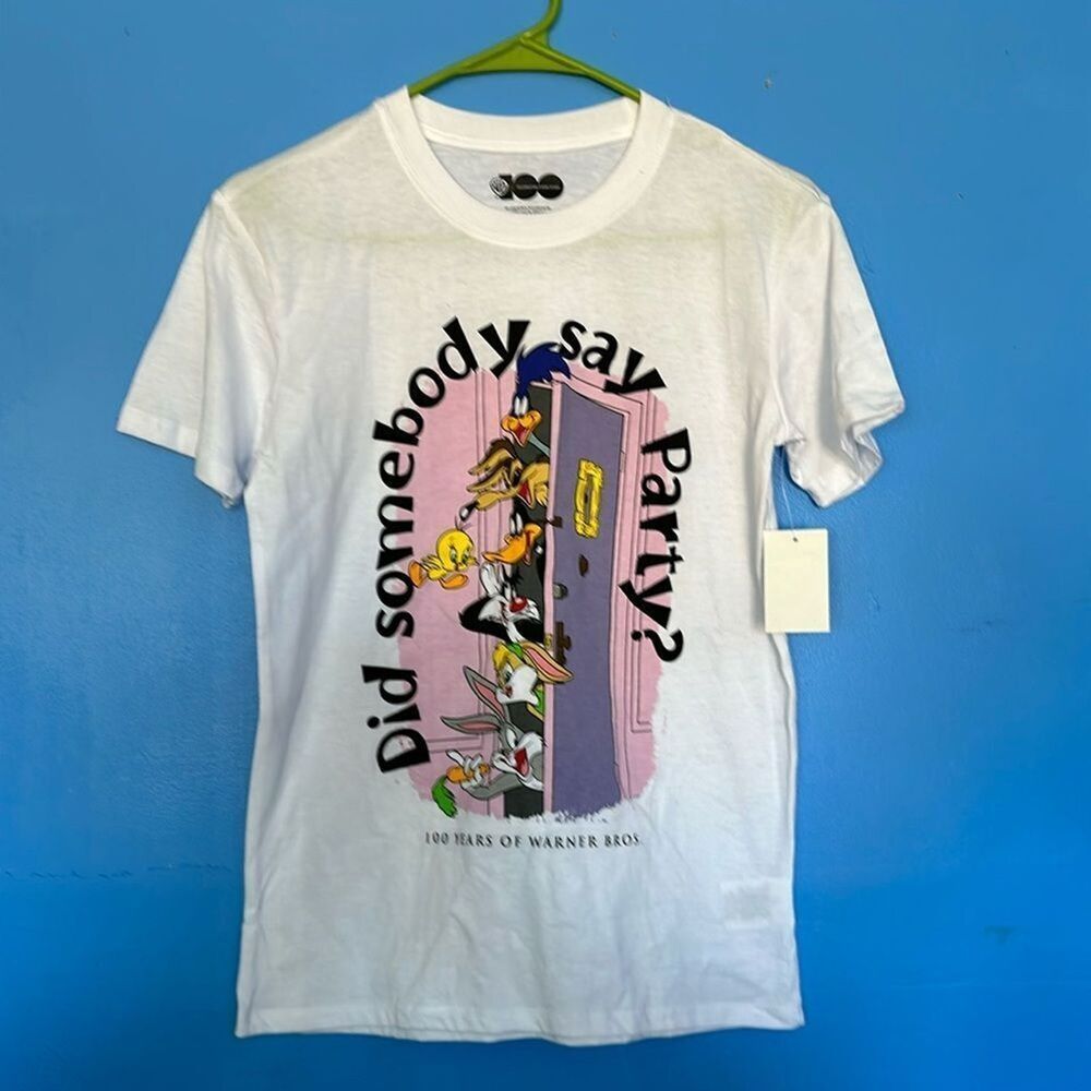 100 Years of Warner Brothers Anniversary White Graphic T-Shirt Size Small